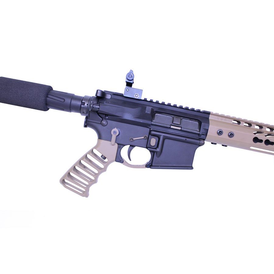 Semi-automatic AR rifle with suppressor, ergonomic grip, and FDE accents.