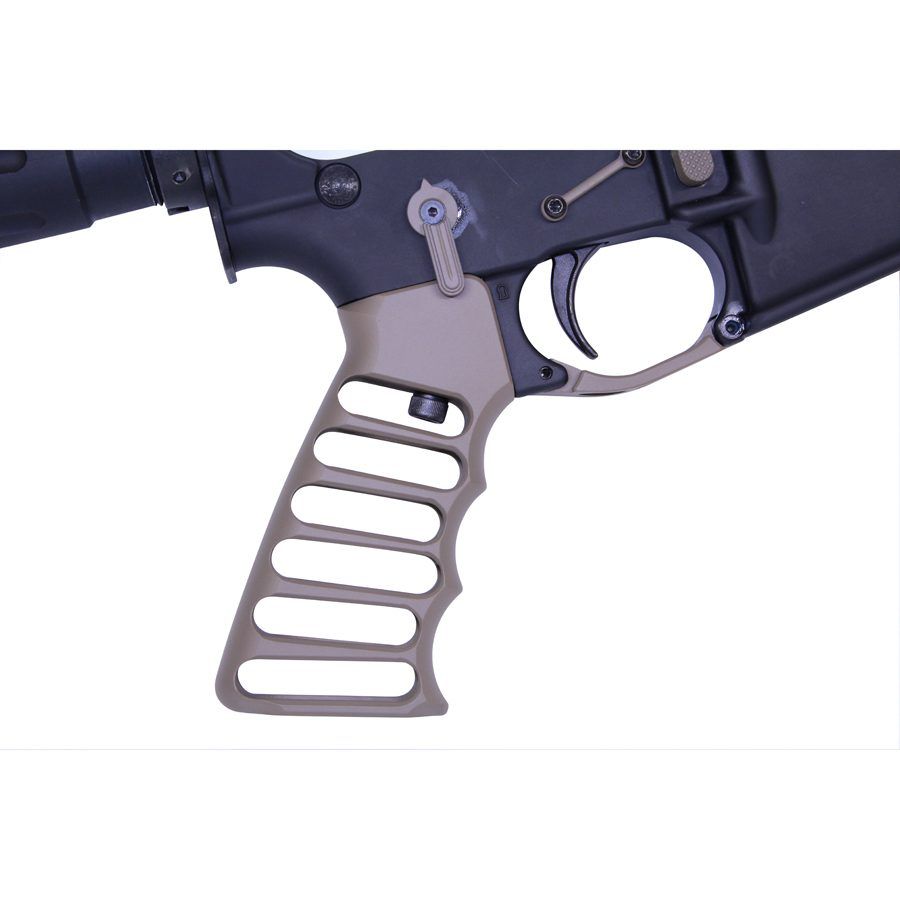 Close-up of ergonomic FDE tactical pistol grip on AR-style firearm, featuring finger grooves.
