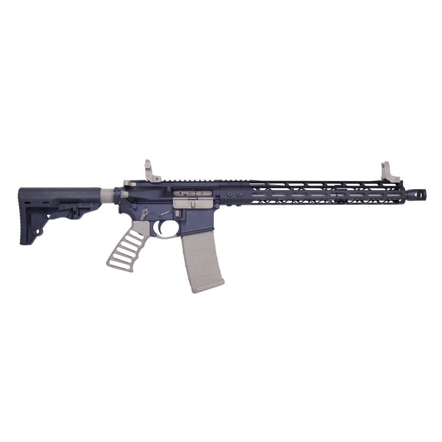 Modern AR-style rifle, black and tan, collapsible stock, M-LOK slots, flat trigger, tactical features.