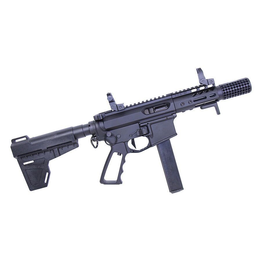 Compact black tactical firearm with stabilizing brace, suppressor, and customizable rails for accessories.