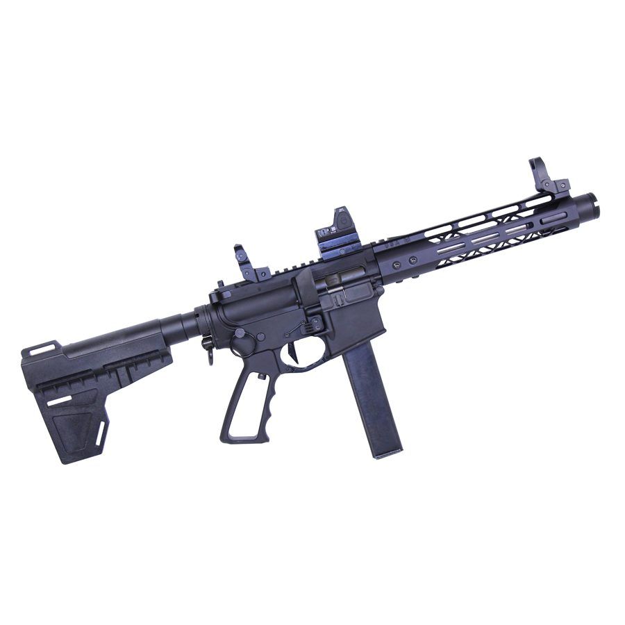 Compact 9mm AR-style carbine with collapsible brace, M-LOK rail, and modular design for customizability.