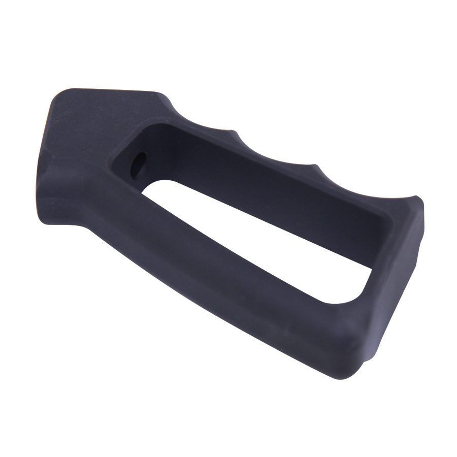 Ergonomic black pistol grip with finger grooves and textured design for firearm customization.