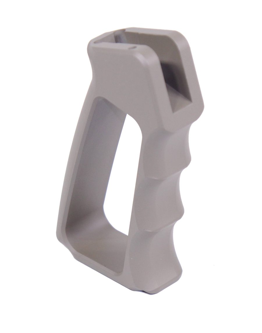 Light grey ergonomic pistol grip with finger grooves for firearm customization and improved comfort.