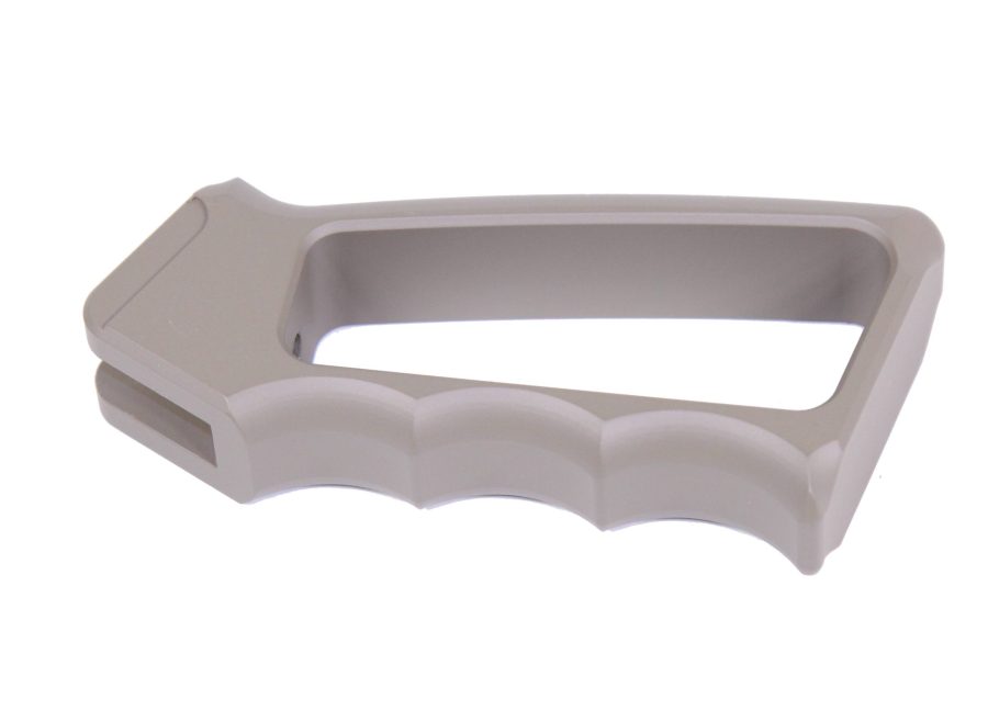 Light gray ergonomic pistol grip with finger grooves for enhanced control and comfort.