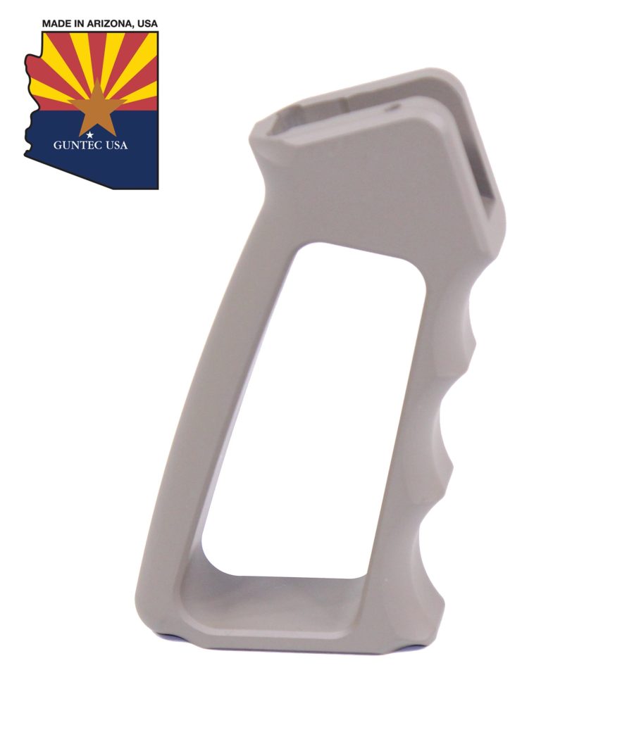 Tan AR-15 pistol grip, ergonomic design, Arizona state flag graphic, PROUD AZ PERSONAL, Phoenix, USA.