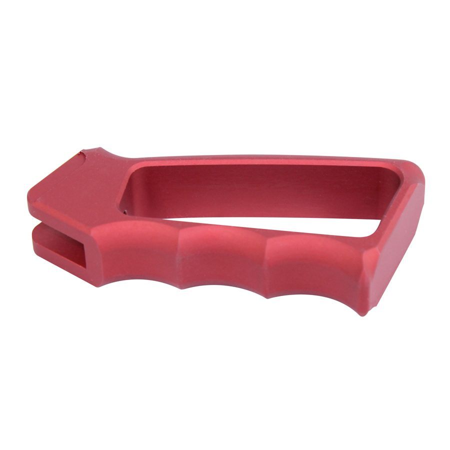 Ergonomic red handle with finger grooves, plastic, precision-molded for tools or sports equipment.
