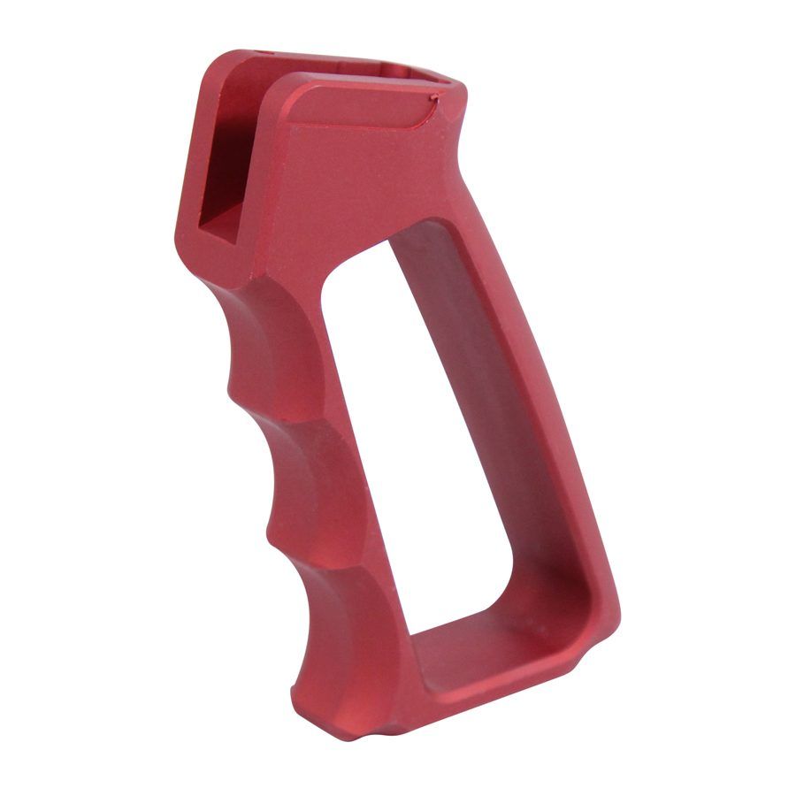 Red ergonomic pistol grip for AR-15, polymer material, enhances control and personalized style.