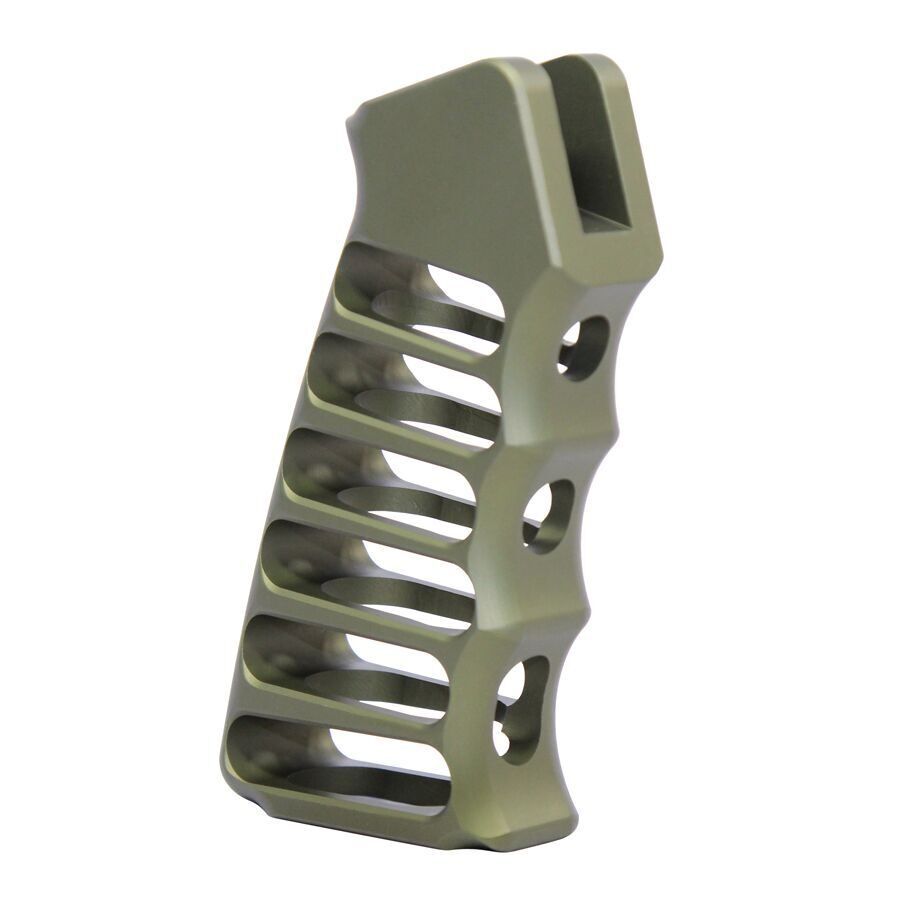 Olive drab ergonomic tactical grip for AR-15, lightweight with cutouts enhancing control and aesthetics.
