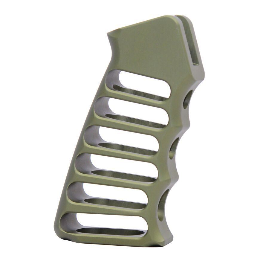 Olive drab ergonomic pistol grip with cutouts for AR-style firearms, enhancing control and aesthetics.