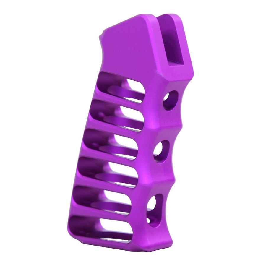 Purple ergonomic AR-15 pistol grip, metallic finish, weight-reducing cutouts, enhances grip handling.