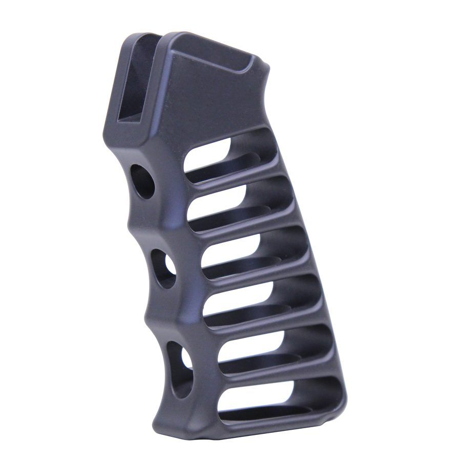 Ergonomic black polymer pistol grip with finger grooves for tactical firearms customization.