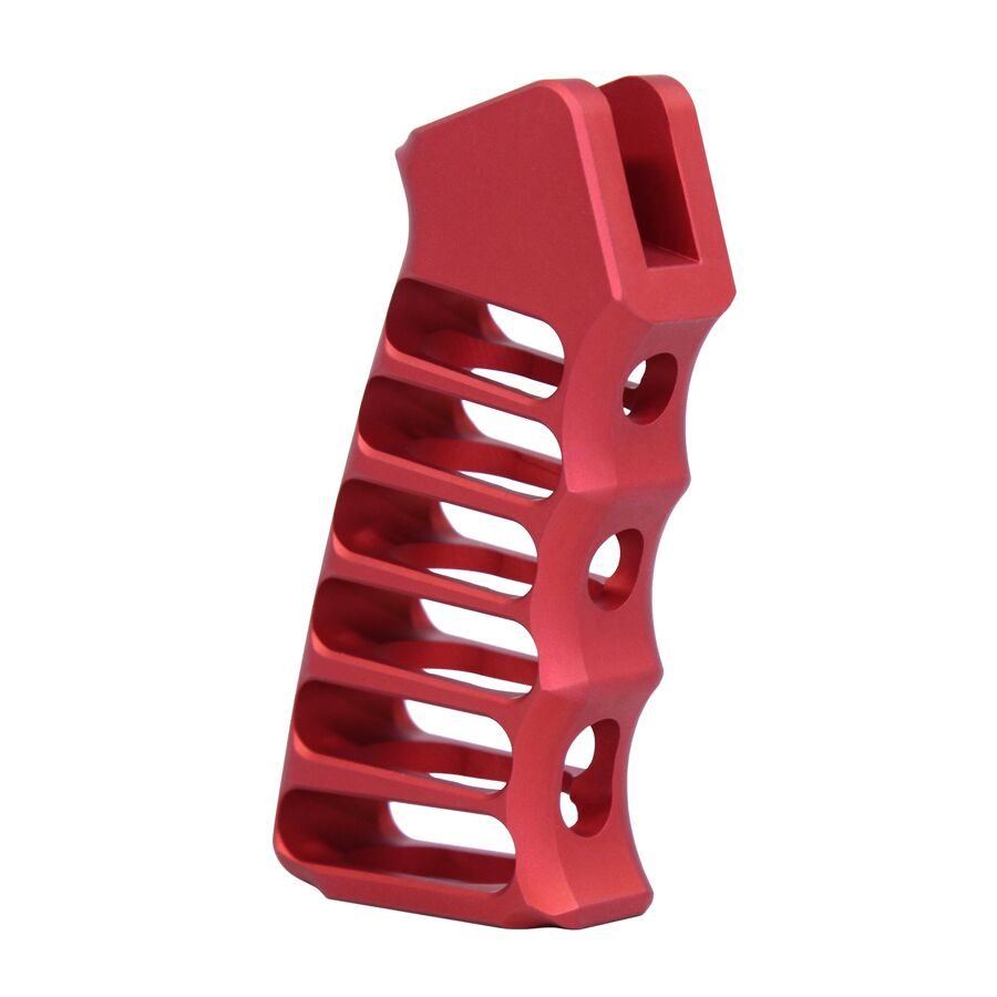 Vibrant red aluminum AR pistol grip with ergonomic grooved design and lightweight construction.