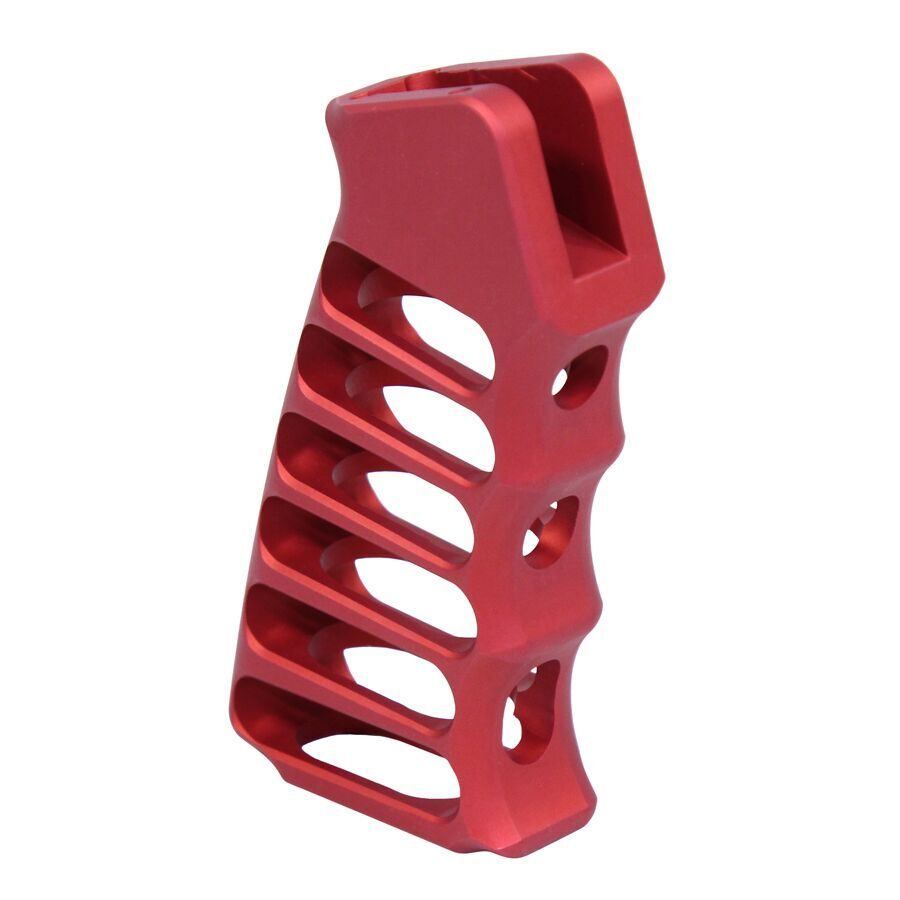 Red ergonomic pistol grip with finger grooves, anodized aluminum, lightweight design for firearm customization.