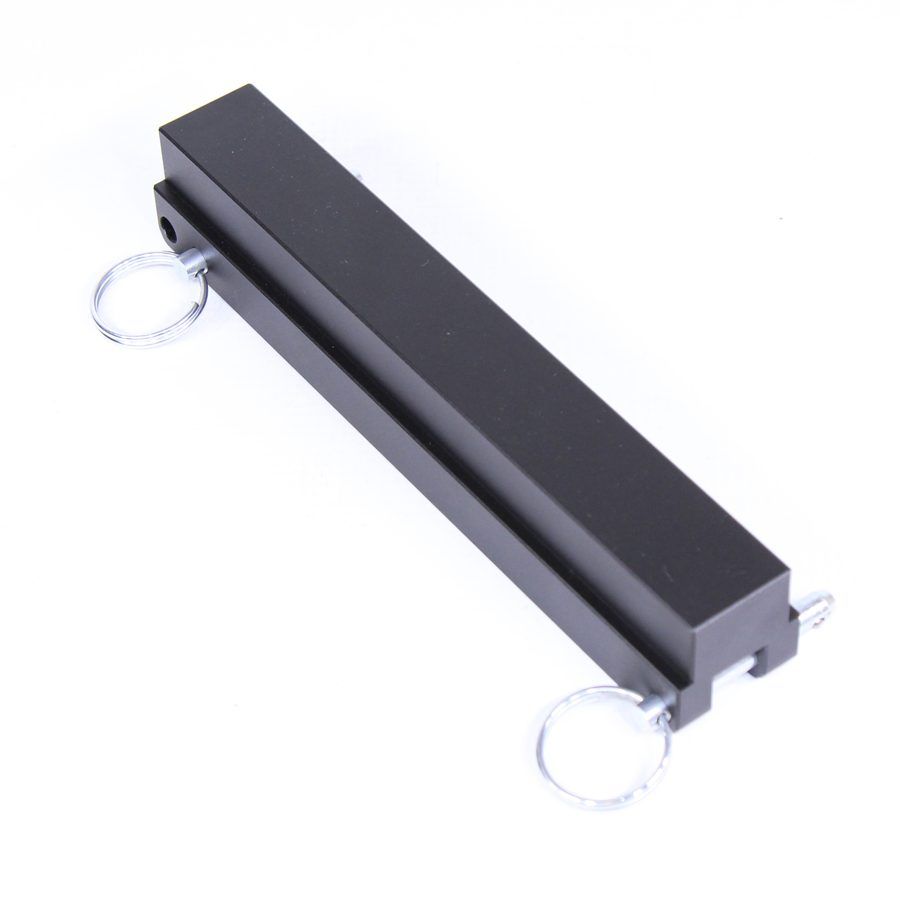 Sleek black mounting bar with clear rings; ideal for camera or lighting setups.