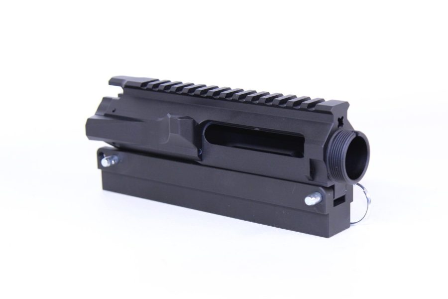 Black AR-15 upper receiver with Picatinny rail, matte finish, and precise machining.