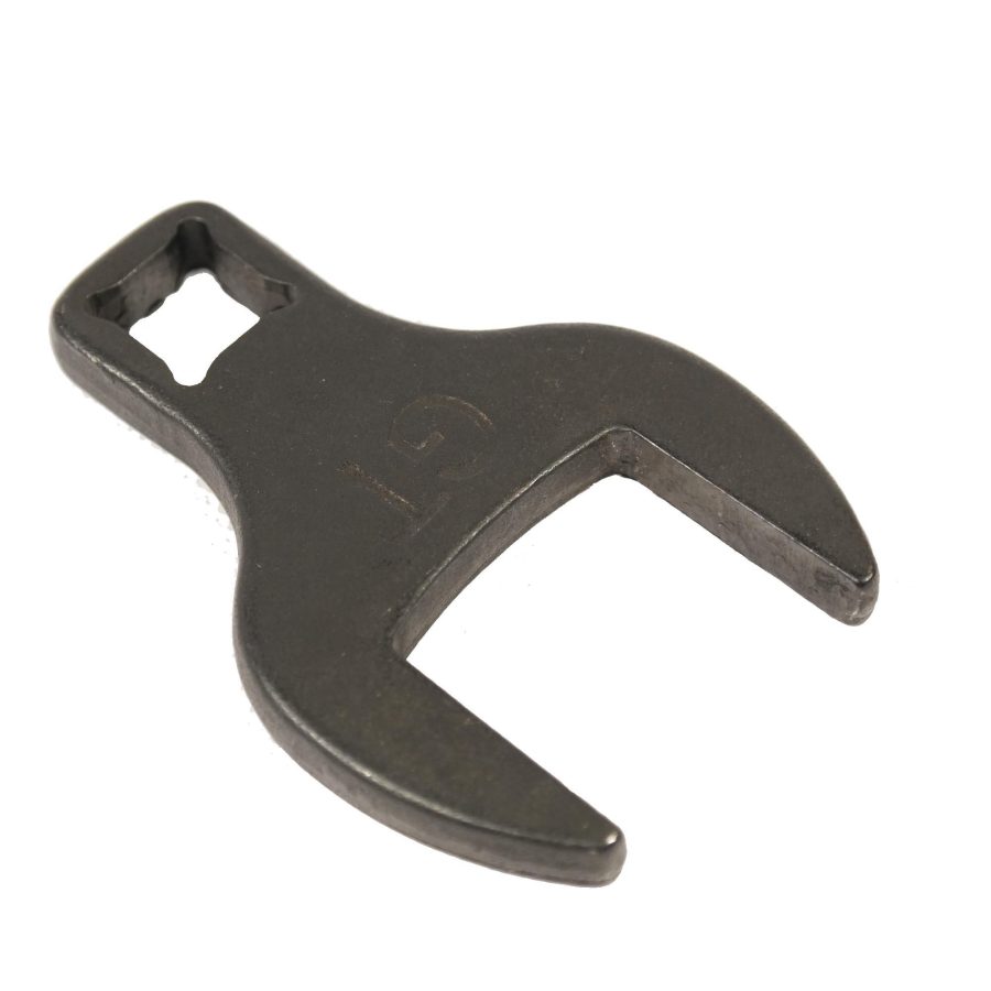 Dark finish open-end wrench with U-shaped jaw, durable metal, ideal for tight spaces.