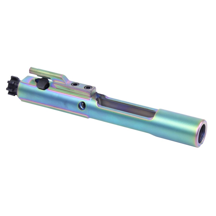 Iridescent AR-15 BCG with teal, purple, gold finish for enhanced performance and customization.