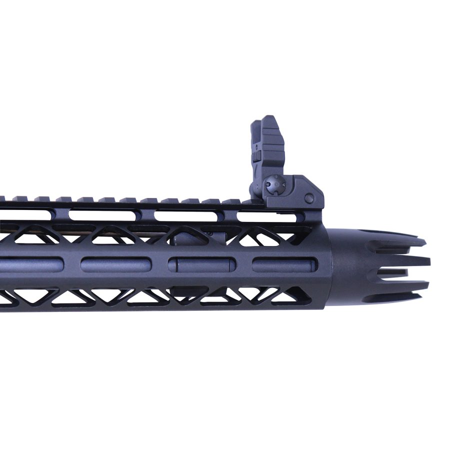 Close-up of tactical rifle barrel with handguard cutouts, Picatinny rail, and flash hider.
