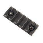 Compact black anodized Picatinny rail for firearm accessories with durable hex screws.