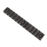 Black Picatinny rail mount for firearm accessories, featuring transverse slots and durable, non-reflective finish.