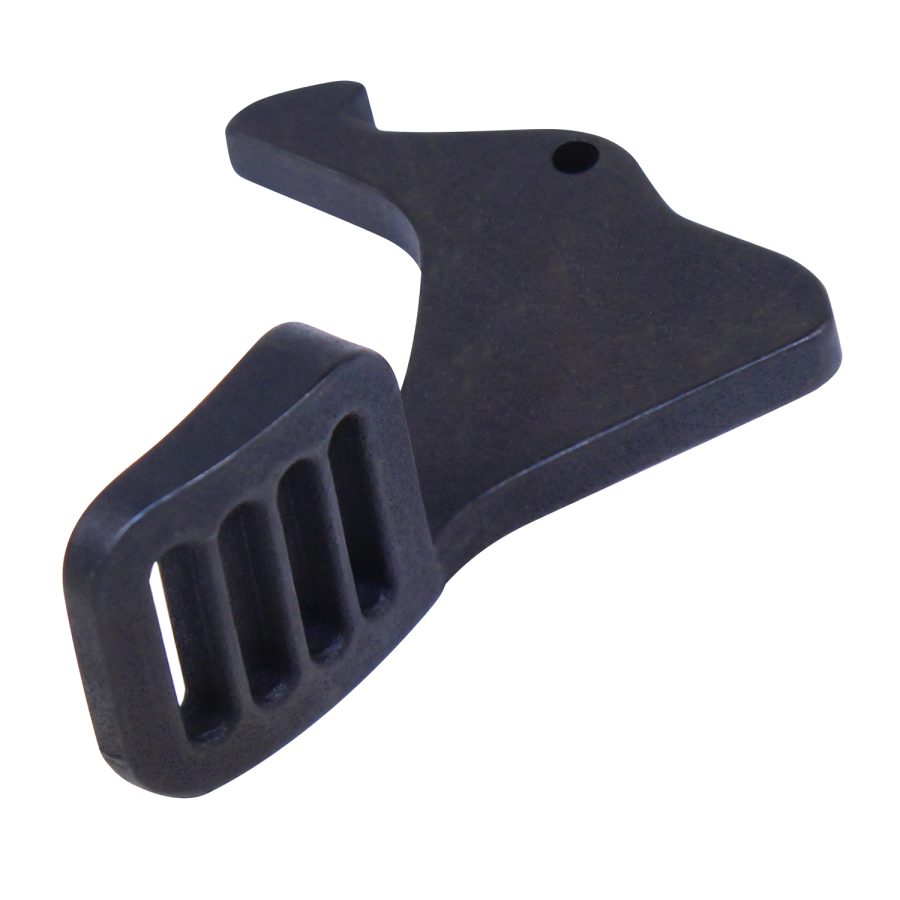 Matte black ergonomic polymer pistol grip with textured surface and ventilation slots.