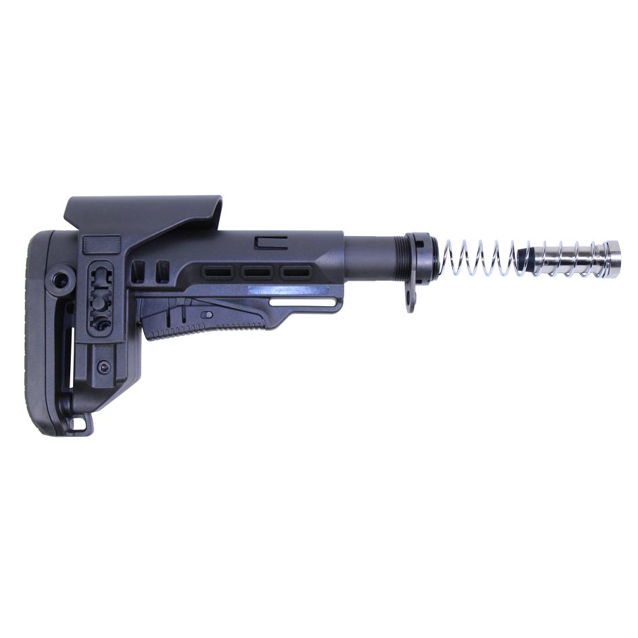 Matte black tactical adjustable firearm stock with ergonomic features for enhanced stability and comfort.