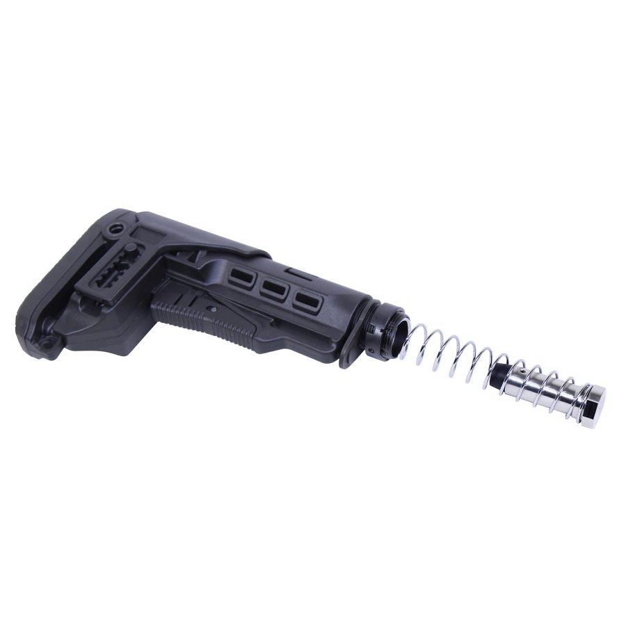 Matte black adjustable rifle stock with ergonomic grip and customizable length for tactical use.