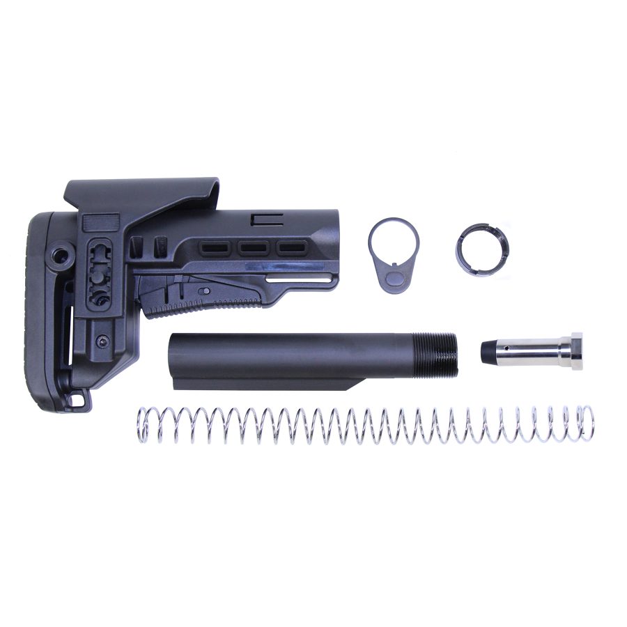 Disassembled black firearm stock kit components on white background for customization and upgrade.