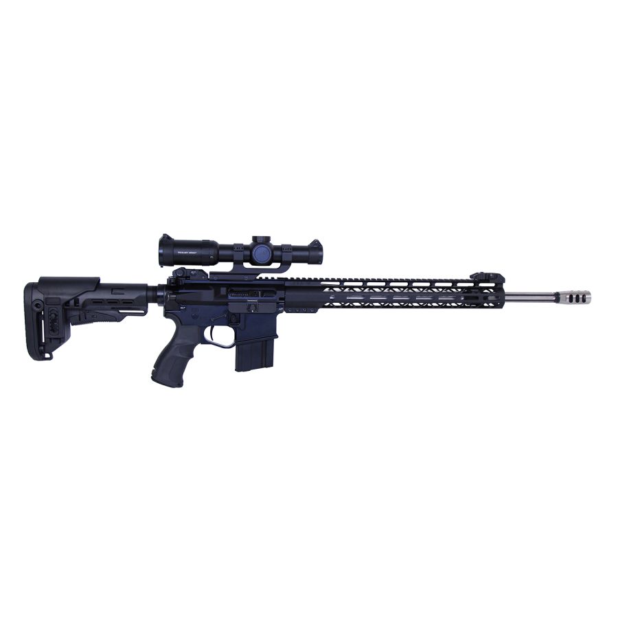 Modern AR-10 rifle with tactical accessories, ergonomic grip, adjustable stock, and mounted scope.