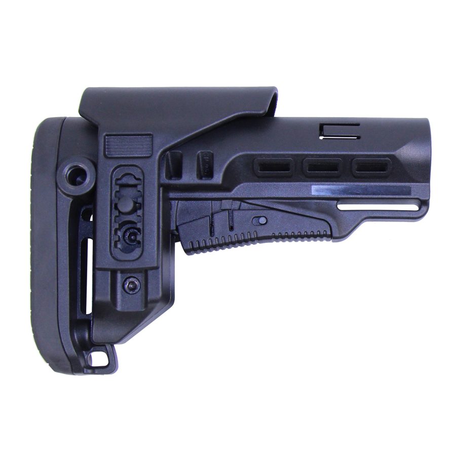 Black polymer adjustable tactical buttstock for AR-15 with ergonomic design and accessory slots.
