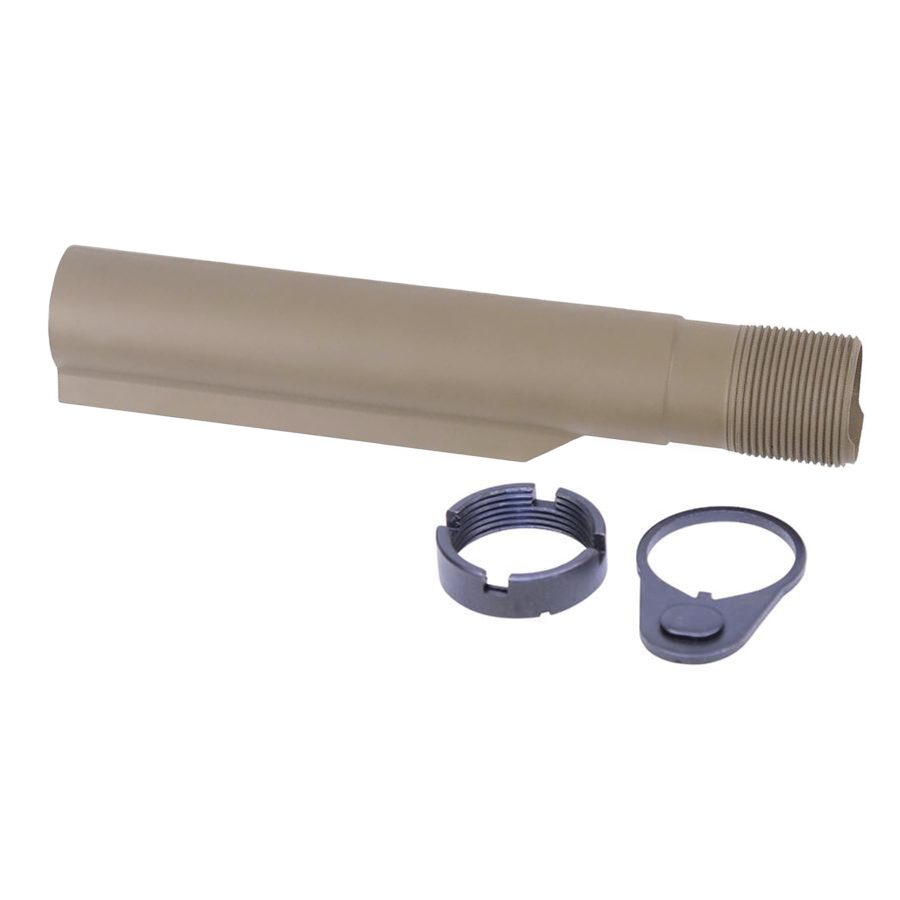 Tan AR-15 buffer tube set with castle nut and end plate on white background.