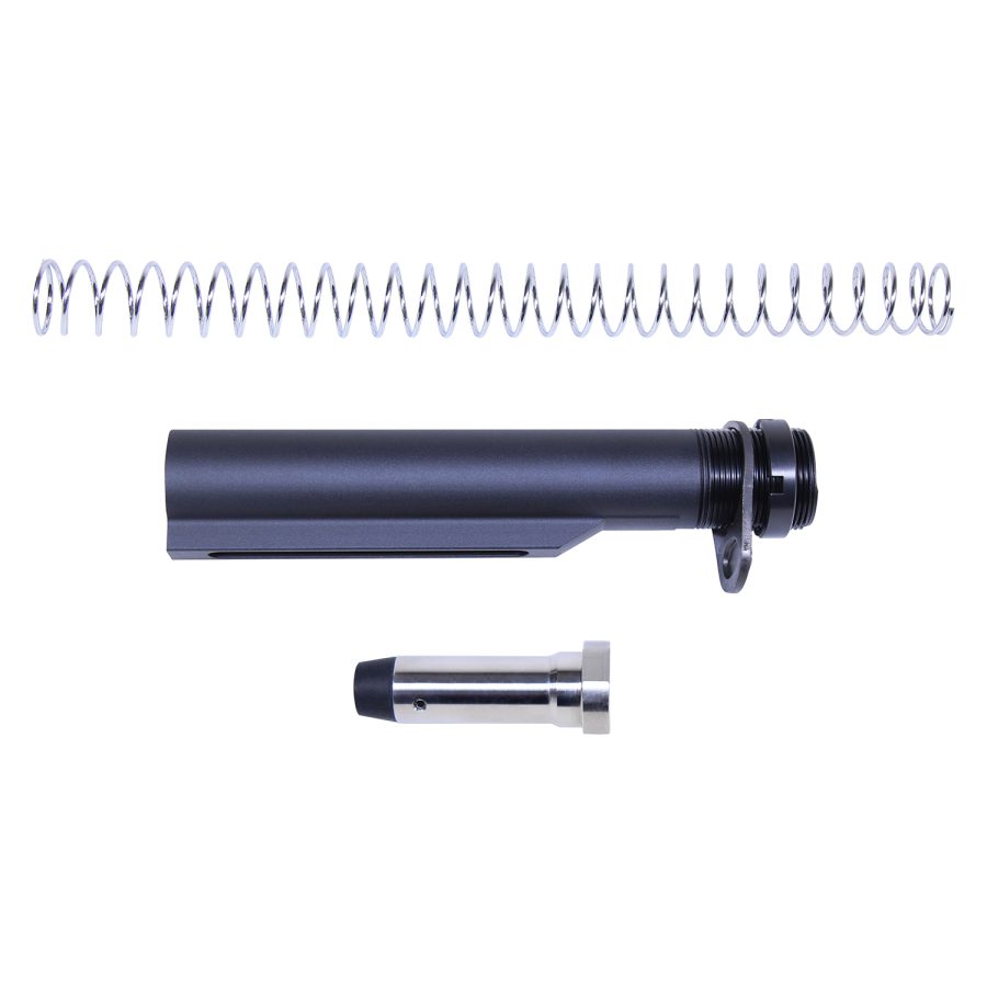 Disassembled AR-15 buffer tube set on white background, showcasing components and functionality.