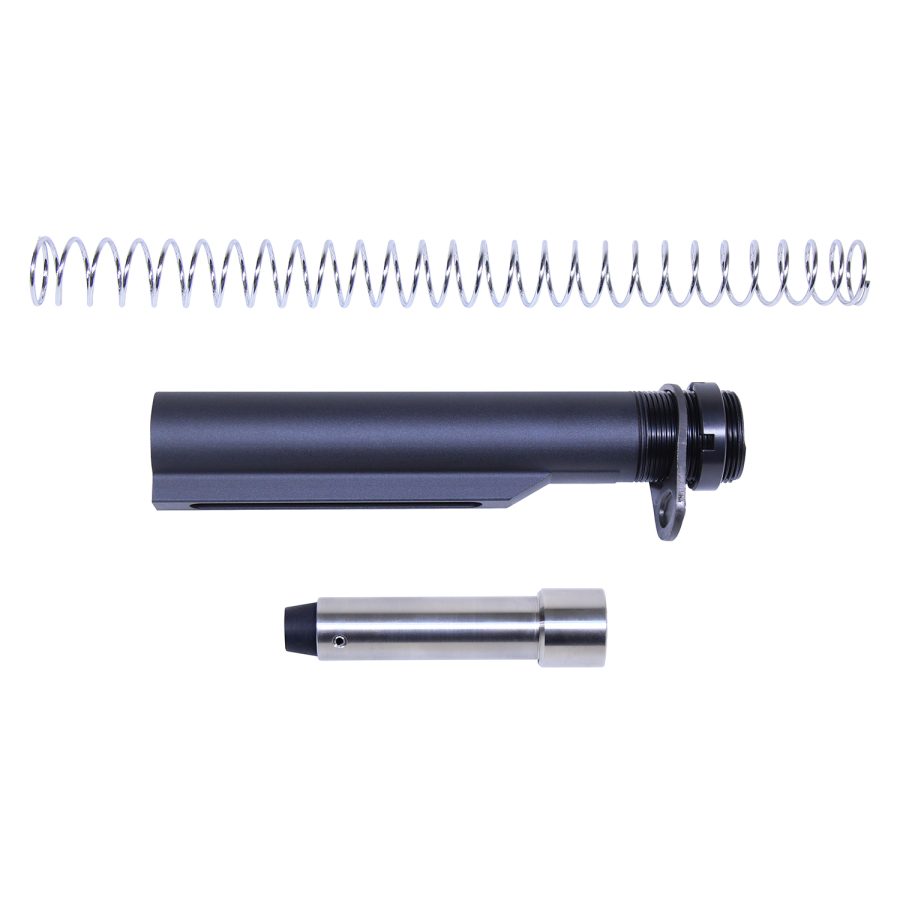Disassembled AR-15 buffer tube assembly: recoil spring, anodized tube, and metallic buffer on white background.