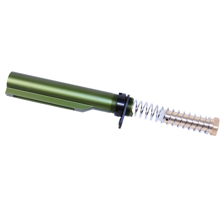 Olive green AR-15 buffer tube assembly with anodized aluminum, spring, and buffer weight, on white backdrop.