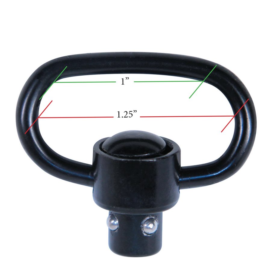 QD sling swivel mount, black finish, oval ring, detailed dimensions, firearm attachment, secure and durable.