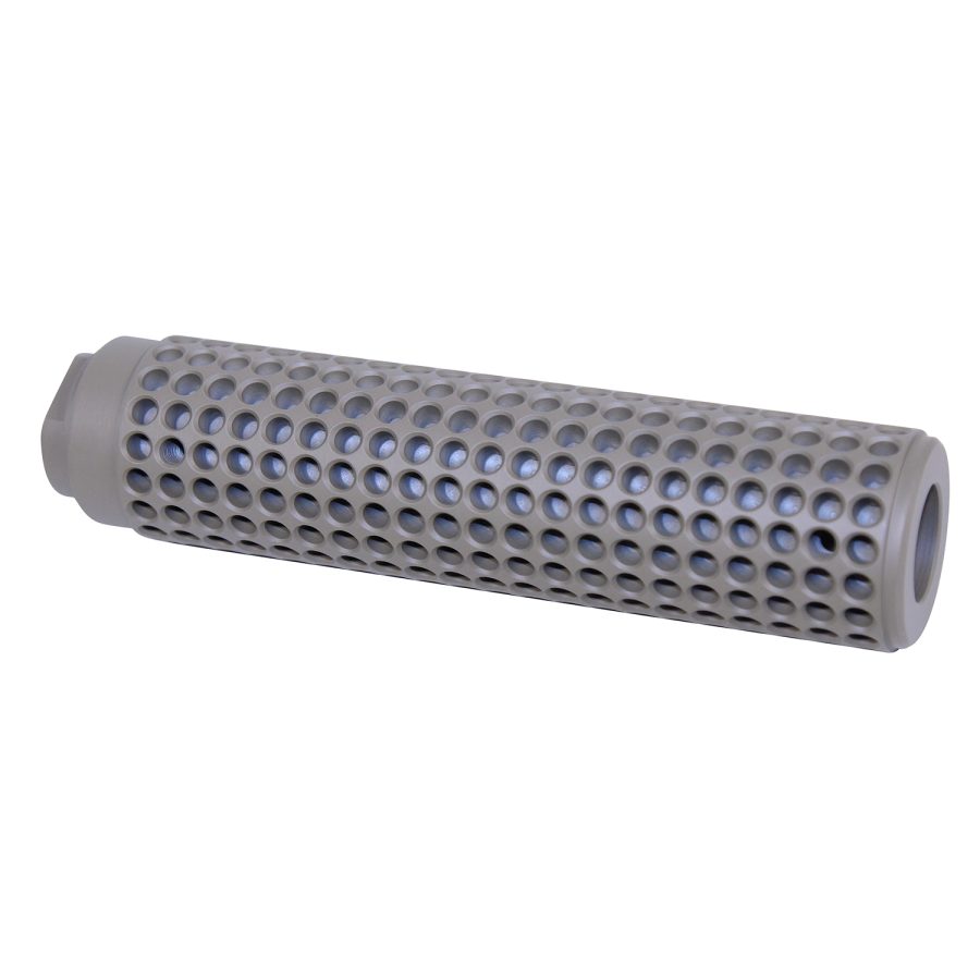 Cylindrical firearm suppressor with perforated design for noise reduction, precision-engineered metal.