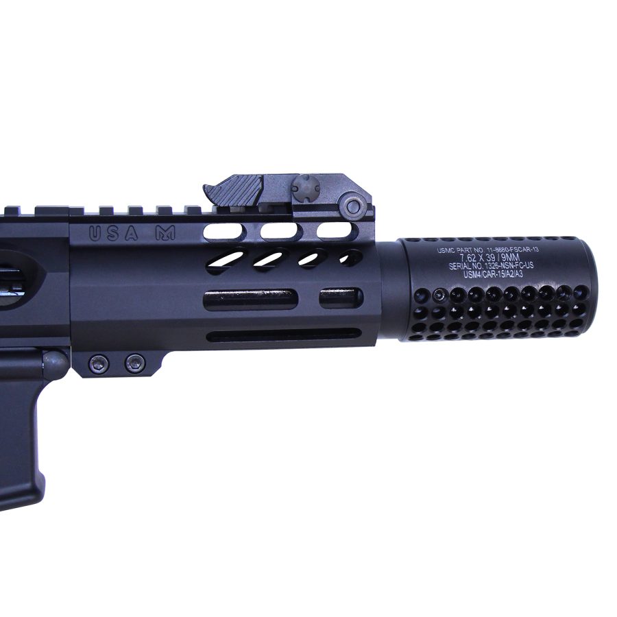Close-up of tactical firearm barrel with flash suppressor, M-LOK handguard, and optic accessory.