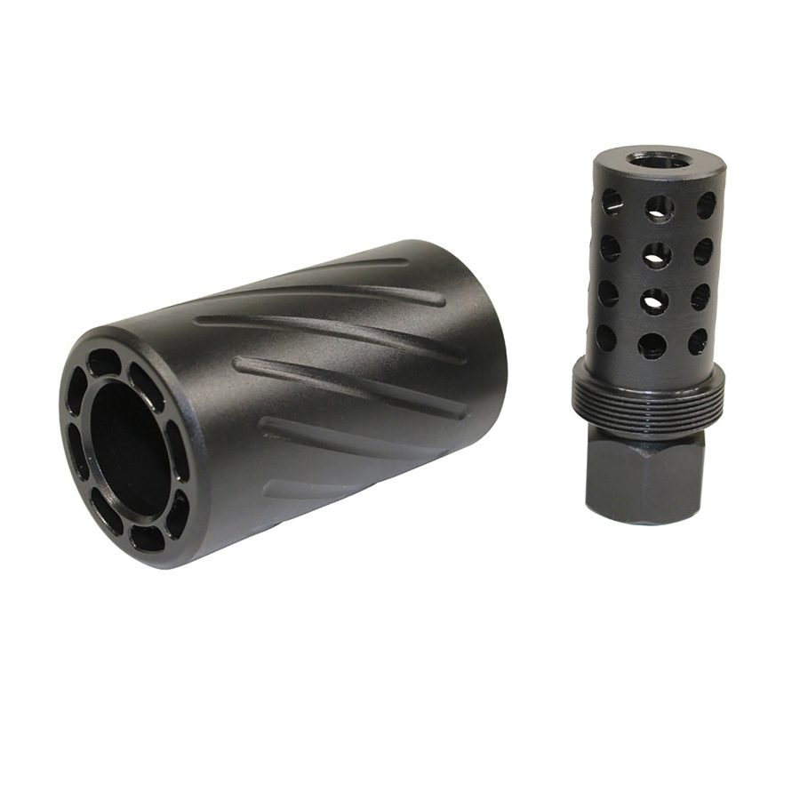 Matte black muzzle devices: muzzle brake and flash hider for recoil and flash management.