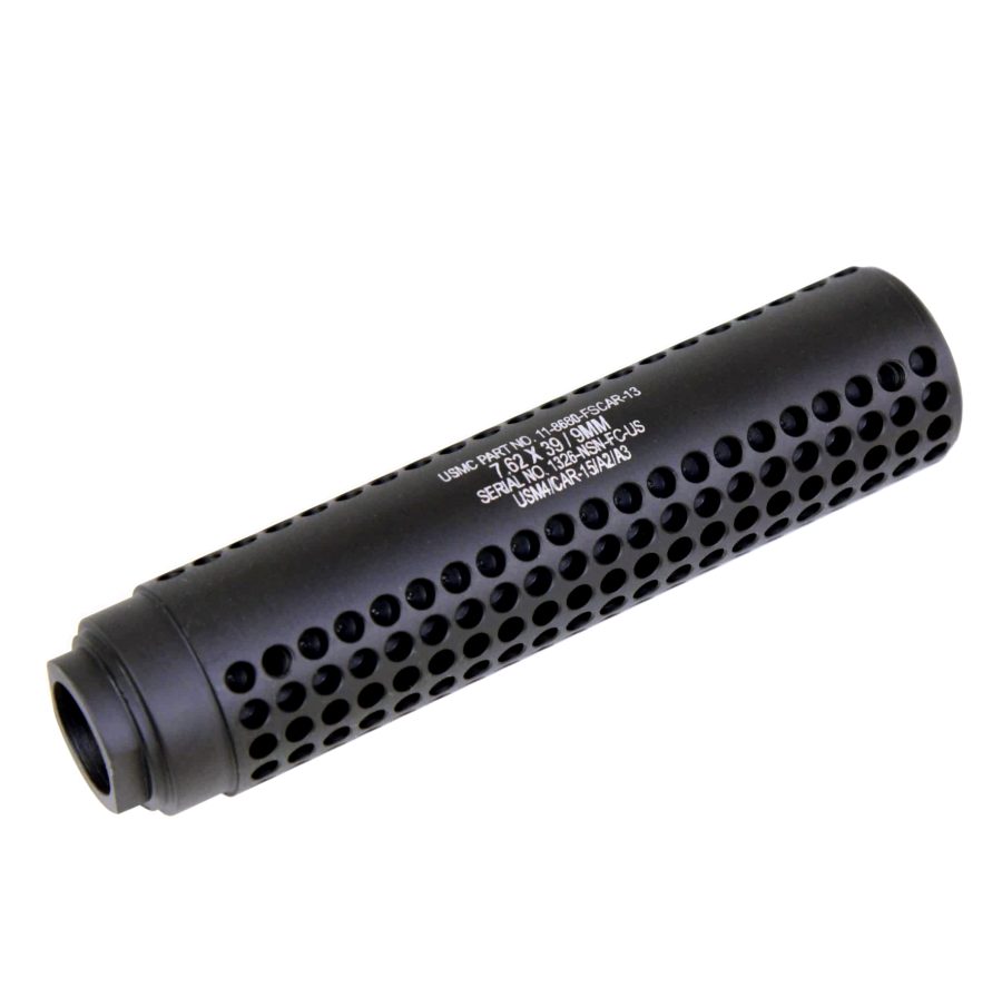 Matte black USMC firearm suppressor with perforations, serial markings, and sound-reducing design.