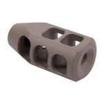 FDE muzzle brake with machined ports to reduce recoil; durable, threaded, tactical firearm accessory.