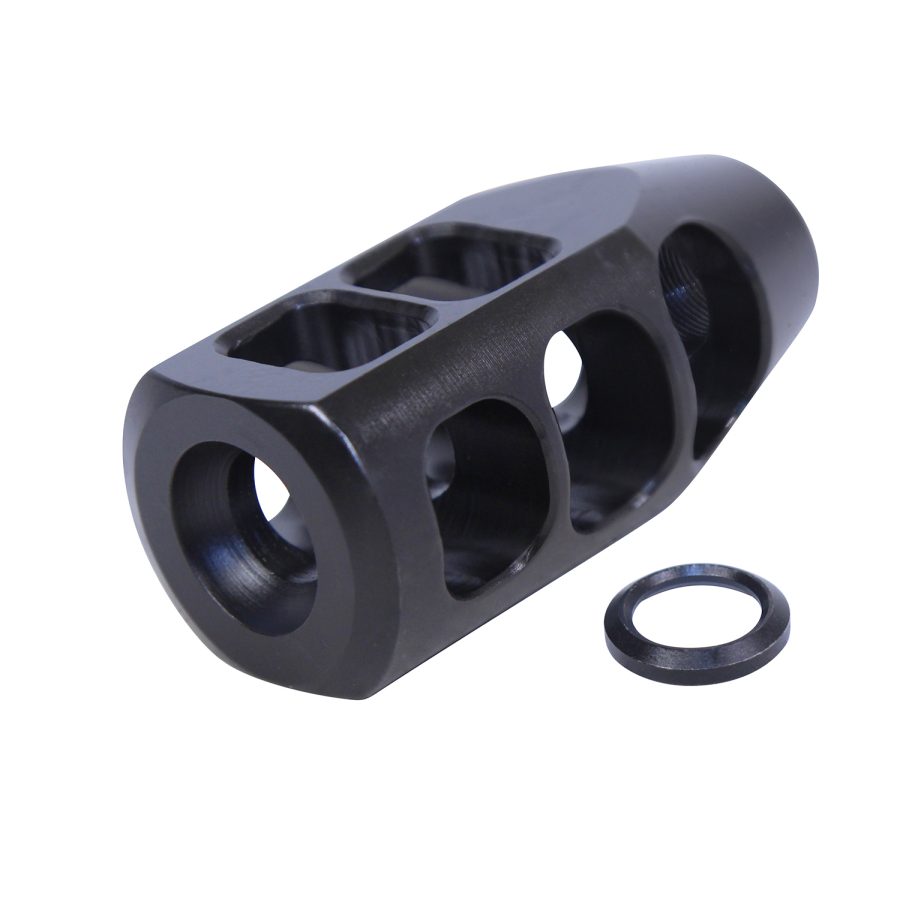 Black metal muzzle brake with lateral ports, recoil reduction, O-ring included, matte finish.