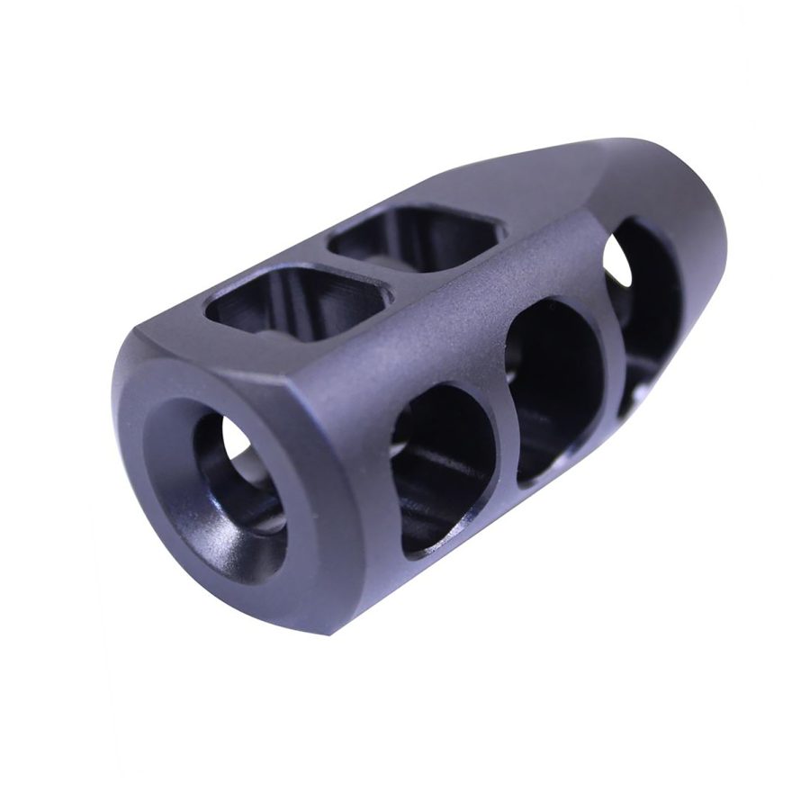 Precision machined muzzle brake; reduces recoil, fits rifles, matte black finish, ports for control.