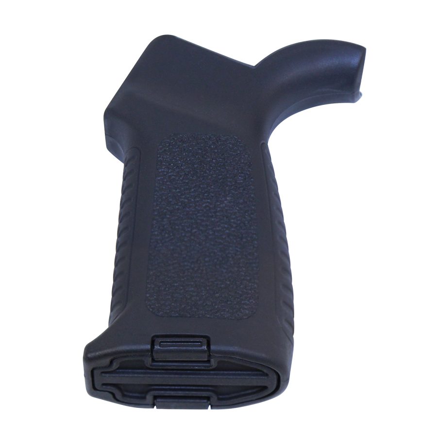 Black ergonomic tactical pistol grip with textured surface and storage compartment, AR-15 compatible.