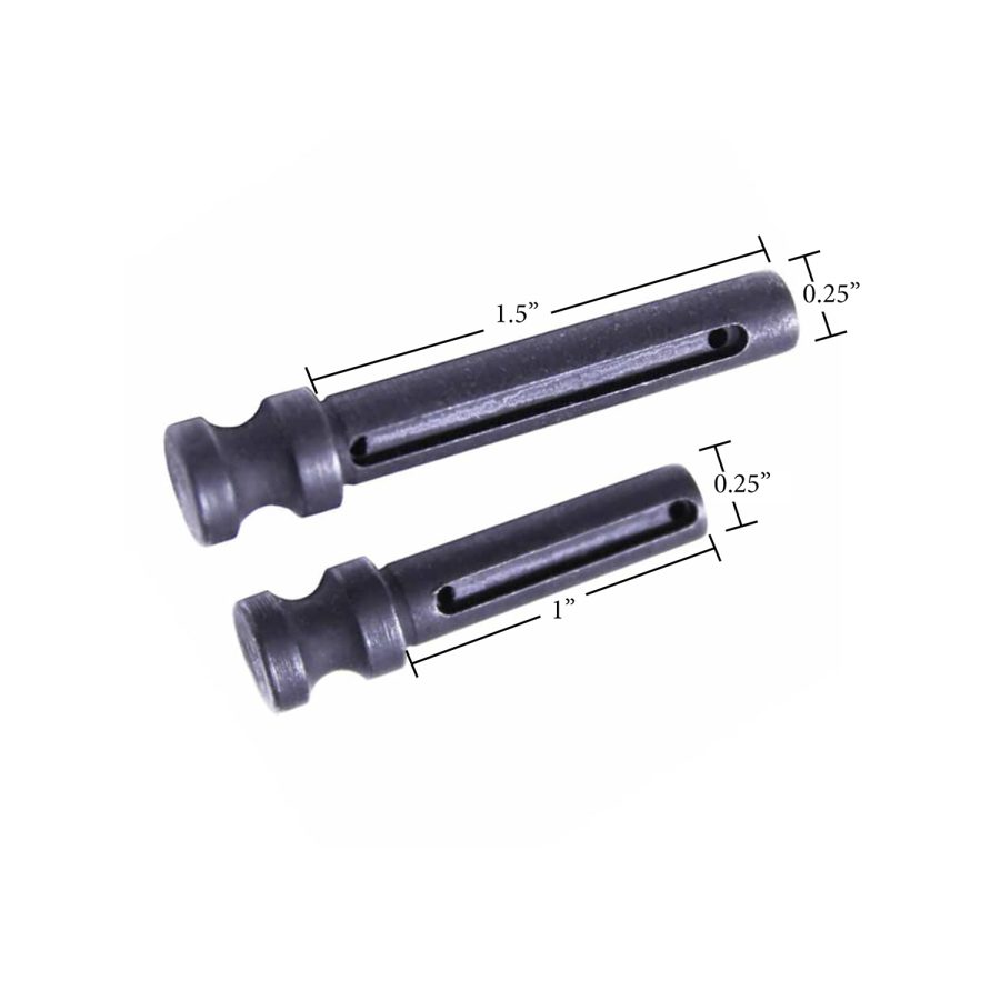 Precision AR rifle takedown pins, gunmetal finish, mushroom heads, slotted channels, measurements visible.