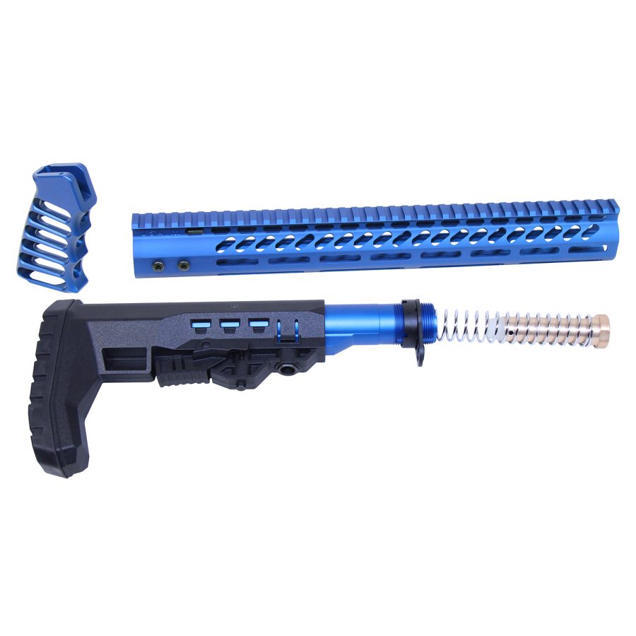 Custom blue AR-15 parts with tactical stock, handguard, and foregrip on white background.