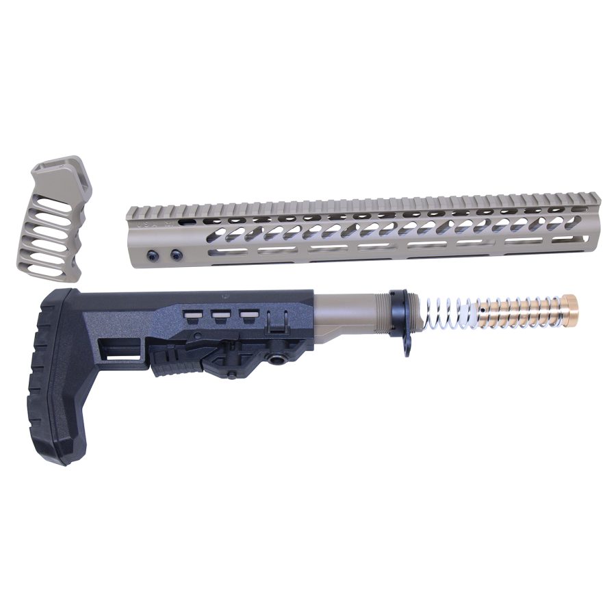 Custom AR-15 Parts: Tactical Stock, Lightweight Rail, Ergonomic Grip on White Background.