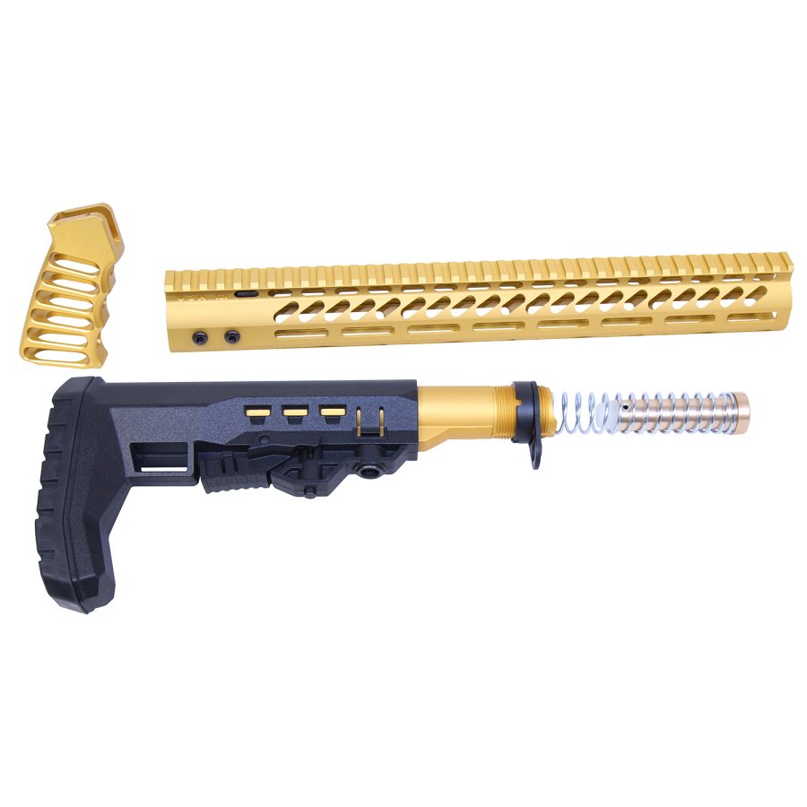 Gold and black rifle accessories with tactical stock, gold handguard, and matching foregrip.