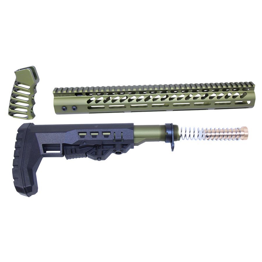 AR rifle parts: olive green grip, handguard, black collapsible stock, buffer tube on white background.