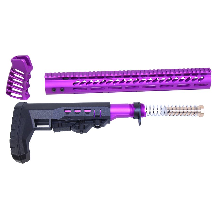 Purple anodized AR-style rifle parts on white: handguard, foregrip, tactical stock, buffer tube.