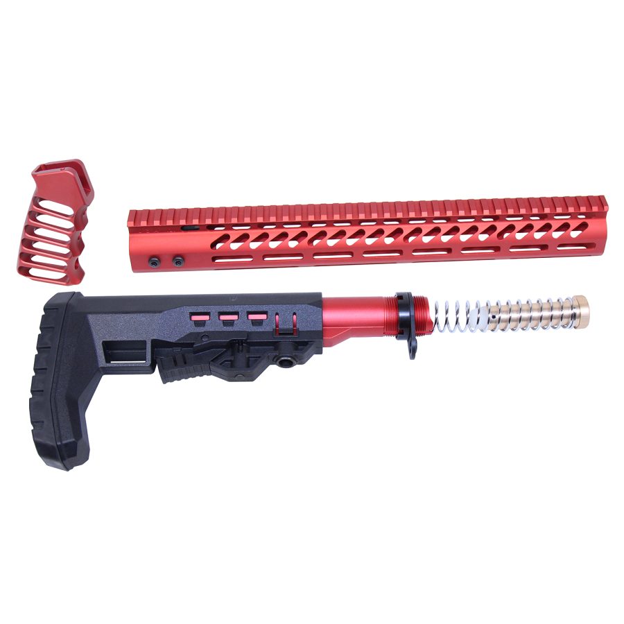 Disassembled red and black rifle parts with handguard, stock, buffer tube, and grip components.